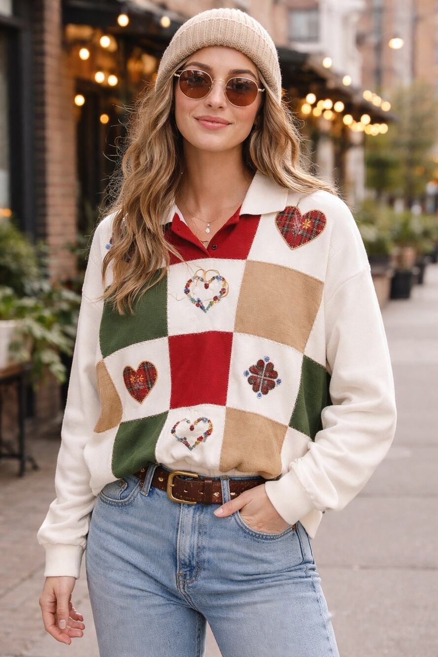 Alfred Dunner Cotton Blend Patchwork Hearts Casual Sweatshirt Size L Valentine